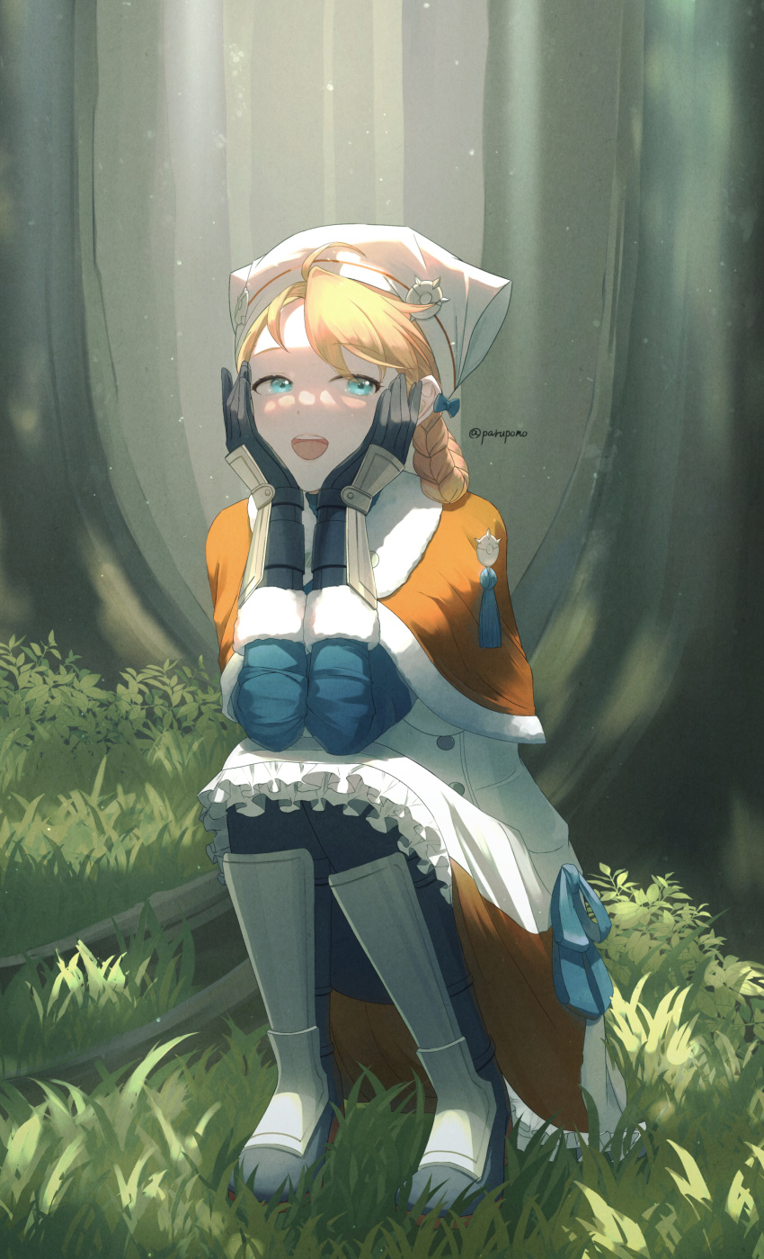 1girl, :d, absurdres, alternate_hairstyle, annette_fantine_dominic, black_legwear, blue_eyes, boots, braid, capelet, dappled_sunlight, day, dress, fire_emblem, fire_emblem:_three_houses, fire_emblem_warriors, fire_emblem_warriors:_three_hopes, forest, grass, hands_on_own_cheeks, hands_on_own_face, highres, light_rays, looking_to_the_side, nature, open_mouth, orange_hair, outdoors, parupome, shade, sitting, smile, solo, sunbeam, sunlight, tree, tree_shade, twitter_username, white_dress