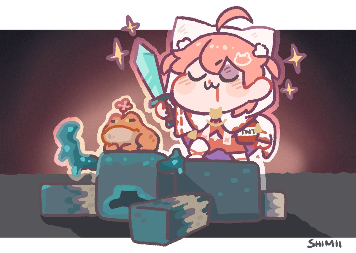 1girl, blood, bruise, bruised_eye, chibi, closed_eyes, diamond_sword, flower, frog, hololive, injury, japanese_clothes, miko, minecraft, nosebleed, pink_hair, sakura_miko, shii_miii, simple_background, smug, sparkle, tnt, uwu, warden_(minecraft)