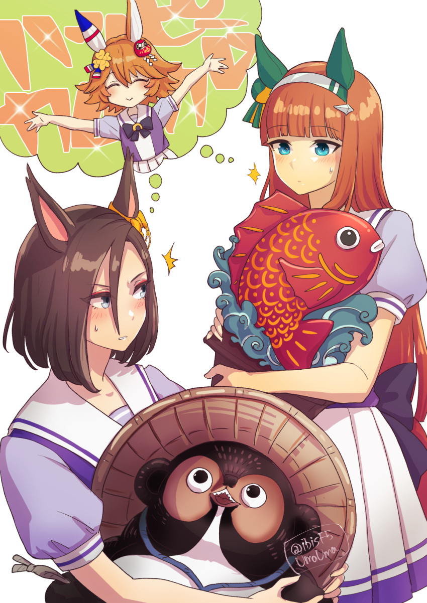 3girls, ^^^, air_groove_(umamusume), bangs, blunt_bangs, blush, brown_hair, closed_mouth