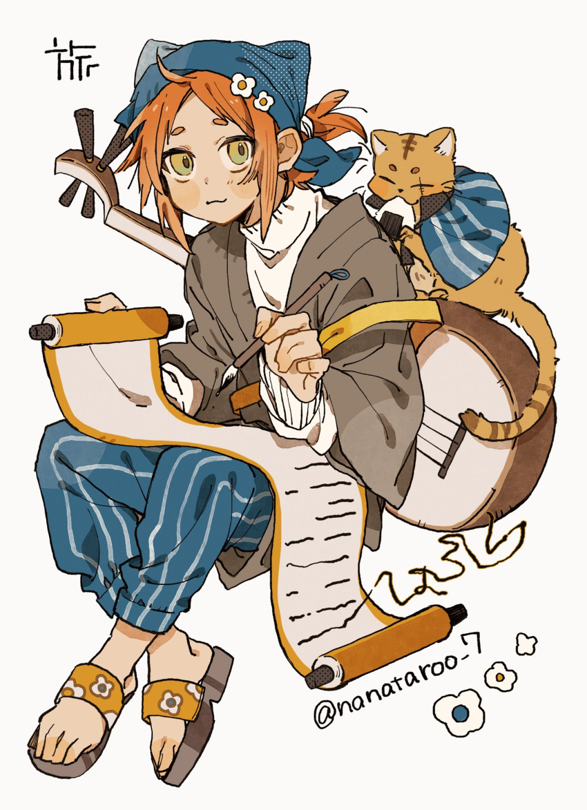 1boy, :3, animal, blue_headwear, blue_pants, calligraphy_brush, cat, crossed_ankles
