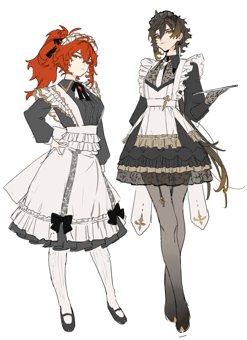 2girls, absurdres, alternate_costume, apron, bangs, black_dress, black_footwear, black_hair