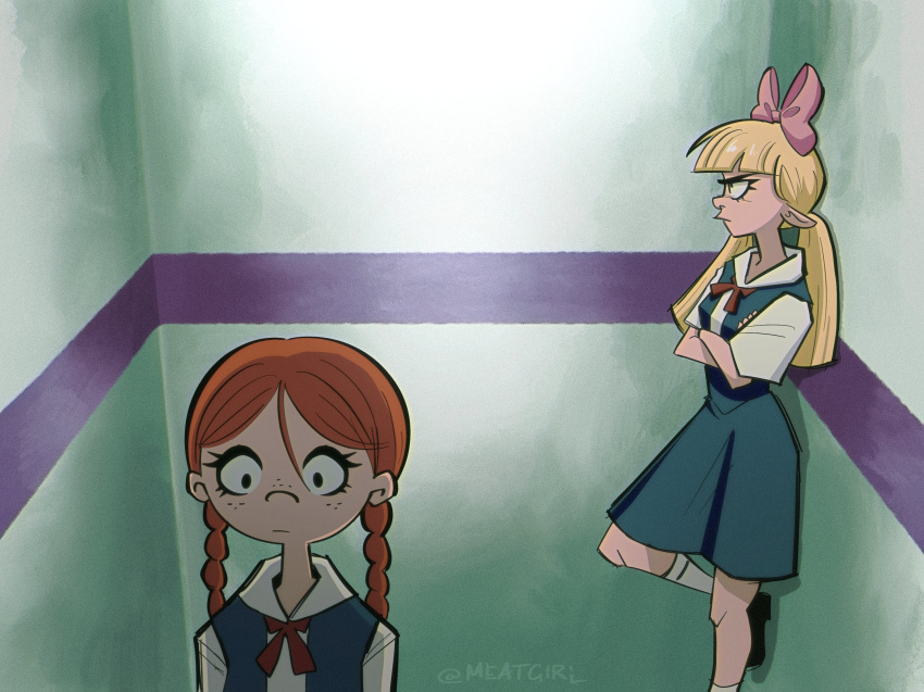 2girls, against_wall, ayanami_rei, ayanami_rei_(cosplay), blonde_hair, bow, braid, character_request