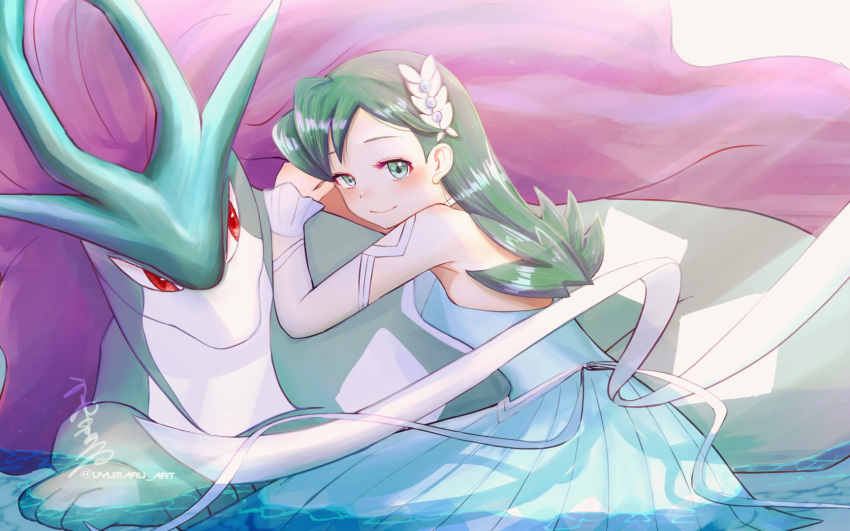1girl, aqua_dress, aqua_eyes, aqua_hair, back, bare_back, bare_shoulders, blush, breasts, dress, from_side, hair_ornament, halter_dress, halterneck, highres, kris_(pokemon), looking_at_viewer, medium_hair, official_alternate_costume, pokemon, pokemon_(creature), pokemon_(game), pokemon_masters_ex, small_breasts, smile, suicune, uyumaru_art, water, white_background, wrist_cuffs