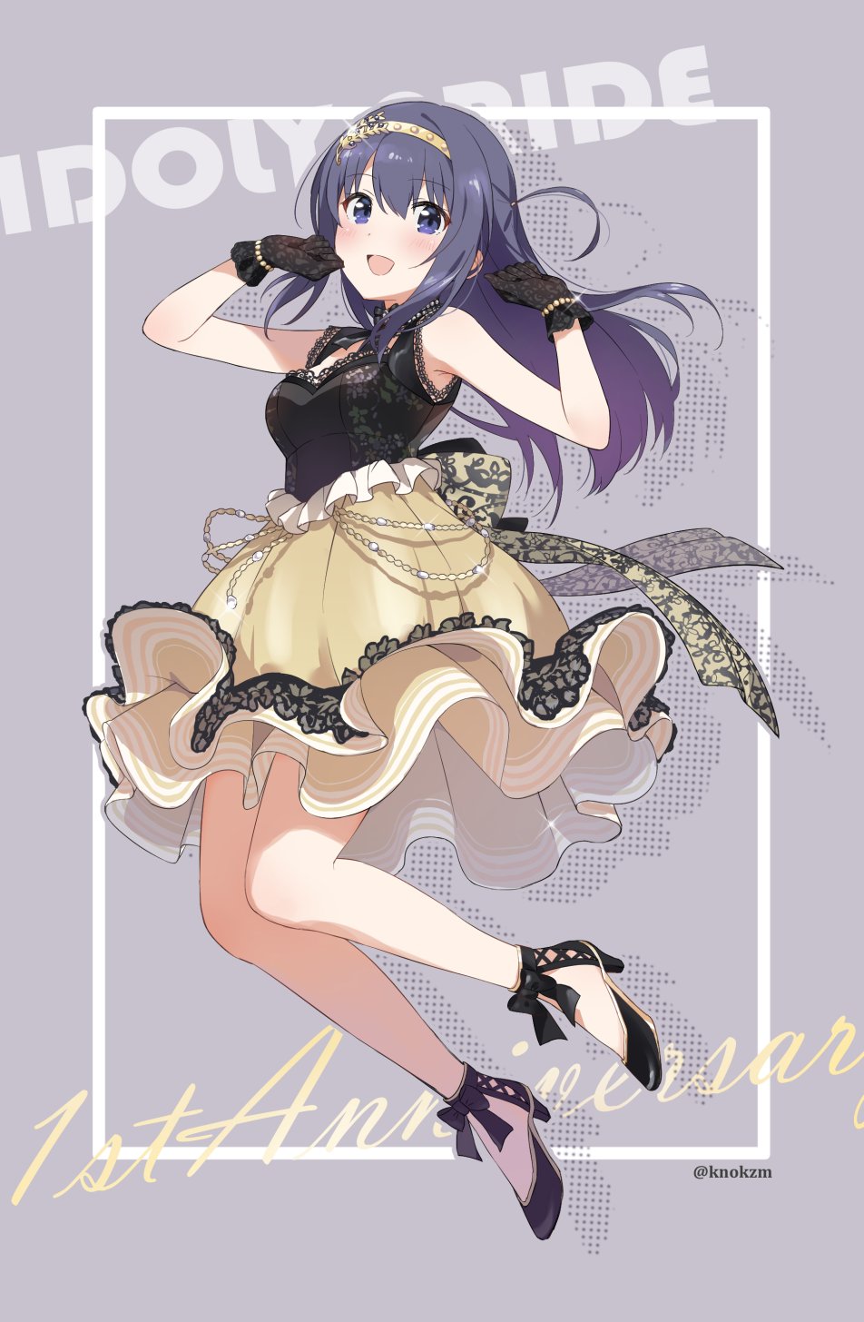 1girl, :d, bangs, black_hair, blue_eyes, full_body, highres, idol, idoly_pride, knokzm, long_hair, looking_at_viewer, nagase_mana, open_mouth, smile, solo, violet_eyes