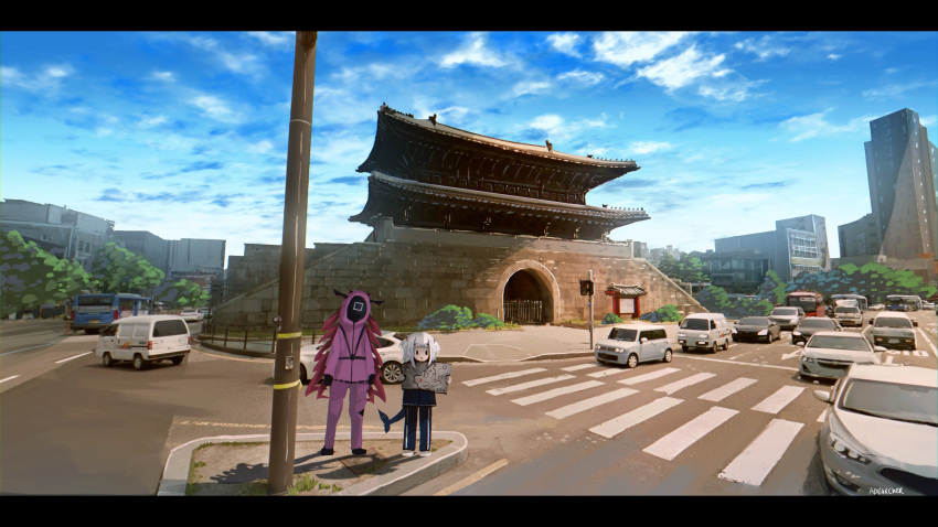 2girls, absurdres, anonamos, architecture, bangs, blue_hair, blunt_bangs, bodysuit, building, car, city, cosplay, crosswalk, dot_mouth, east_asian_architecture, fish_tail, full_body, gate, gawr_gura, ground_vehicle, hair_ornament, highres, holding, holding_map, hololive, hololive_english, hood, horns, irys_(hololive), lamppost, long_hair, looking_up, map, motor_vehicle, multicolored_hair, multiple_girls, outdoors, pink_bodysuit, purple_hair, road, shark_hair_ornament, shark_tail, skyscraper, soldier_(squid_game), soldier_(squid_game)_(cosplay), south_korea, squid_game, standing, streaked_hair, tail, temple, traffic_light, tree, two_side_up, virtual_youtuber, white_hair, |_|