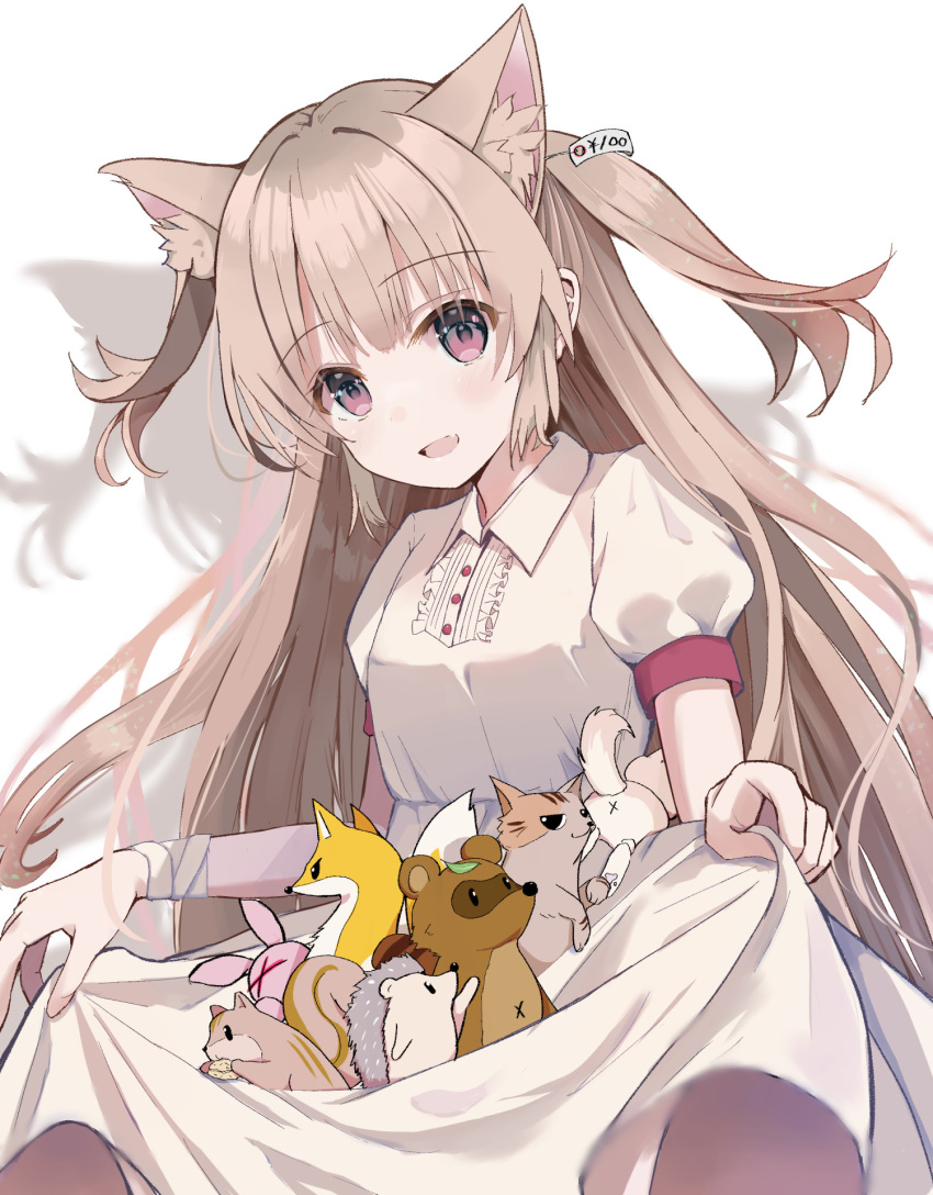 1girl, animal, animal_ears, bangs, blush, brown_hair, cat_ears, collared_dress