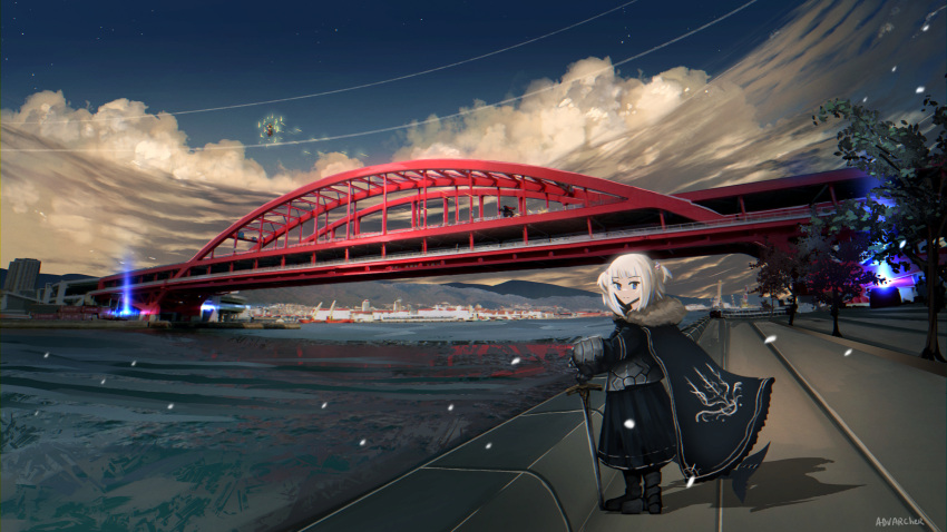 anonamos, armor, artoria_pendragon_(fate), bangs, blue_cape, blue_eyes, blue_hair, blue_sky, blunt_bangs, boots, cape, city, clouds, cloudy_sky, cosplay, excalibur_(fate/stay_night), fate/stay_night, fate_(series), fighting, floating, fur-trimmed_cape, fur_trim, fuyuki_bridge, gate_of_babylon_(fate), gauntlets, gawr_gura, gilgamesh_(fate), hair_ornament, highres, holding, holding_sword, holding_weapon, hololive, hololive_english, horse, iskandar_(fate), levitation, light_particles, looking_at_viewer, medium_hair, mountainous_horizon, multicolored_hair, parody, red_cape, river, saber, saber_(cosplay), shark_hair_ornament, sky, smile, star_(sky), streaked_hair, sword, tree, two_side_up, virtual_youtuber, weapon, white_hair
