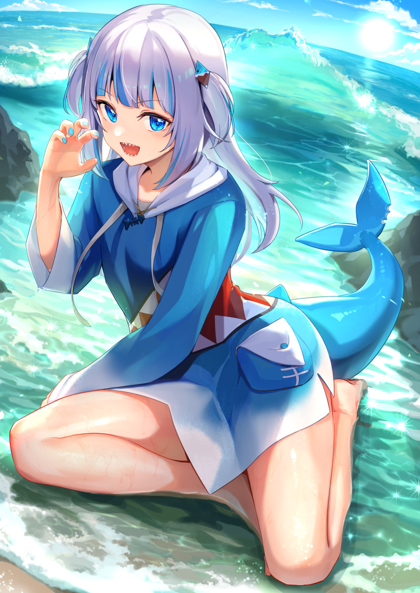 1girl, absurdres, blue_jacket, fish_tail, gawr_gura, highres, hololive, hololive_english, jacket, looking_at_viewer, maeshimashi, open_mouth, shark_tail, sharp_teeth, solo, tail, teeth, thighs, virtual_youtuber, wet