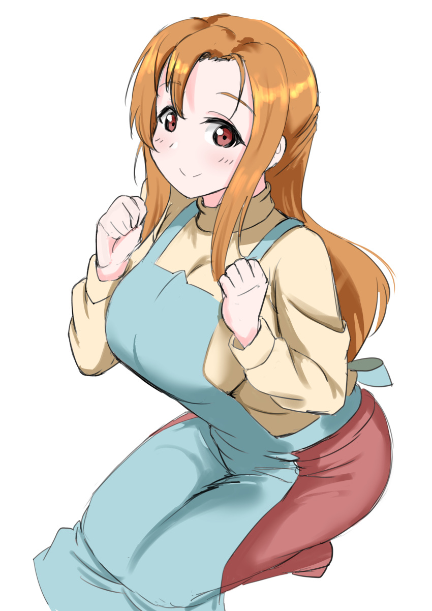 1girl, absurdres, apron, bangs, blue_apron, breasts, clenched_hands, evildaddy12