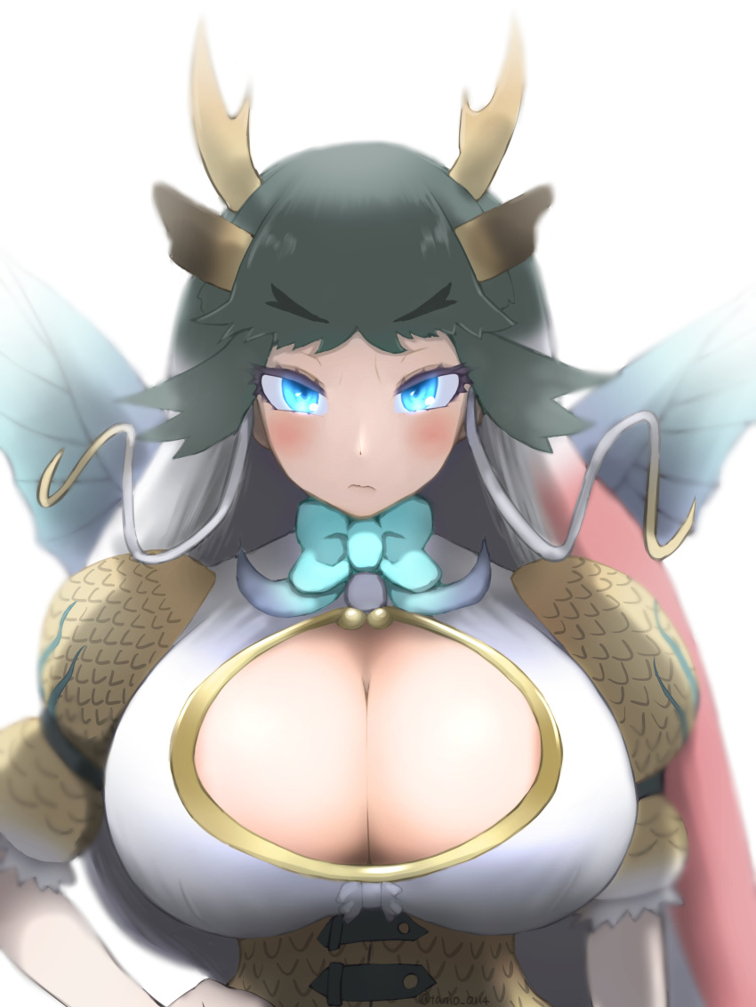 1girl, absurdres, animal_costume, black_hair, blue_eyes, bow, bowtie, breasts, closed_mouth, dress, eyebrows, eyelashes, highres, horns, huge_breasts, kemono_friends, kemono_friends_3, kirin_(kemono_friends), large_breasts, long_hair, looking_at_viewer, multicolored_hair, redhead, simple_background, solo, tanio_(tanio_0114), white_background, white_hair, wings