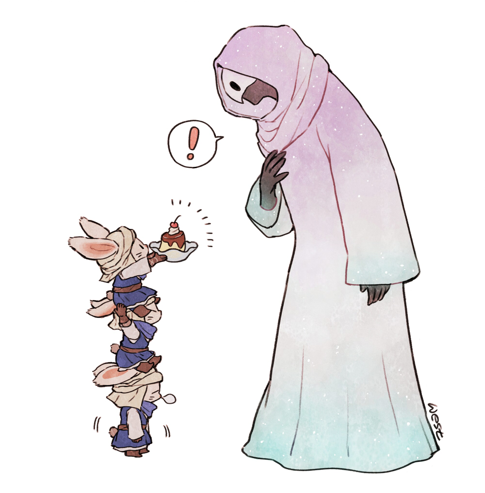 !, 4others, ambiguous_gender, androgynous, animal_ears, artist_name, blue_dress, boots, brown_footwear, brown_gloves, brown_headwear, commentary, covered_eyes, dress, final_fantasy, final_fantasy_xiv, food, from_side, full_body, furry, giving, gloves, gradient, gradient_clothes, hand_on_own_chest, hood, hood_up, hooded_robe, long_sleeves, loporrit, multiple_others, no_mouth, nose_bubble, on_head, pudding, rabbit_ears, rabbit_tail, signature, simple_background, spoken_exclamation_mark, stacking, standing, tail, the_watcher_(ff14), turban, west24_draw, white_background