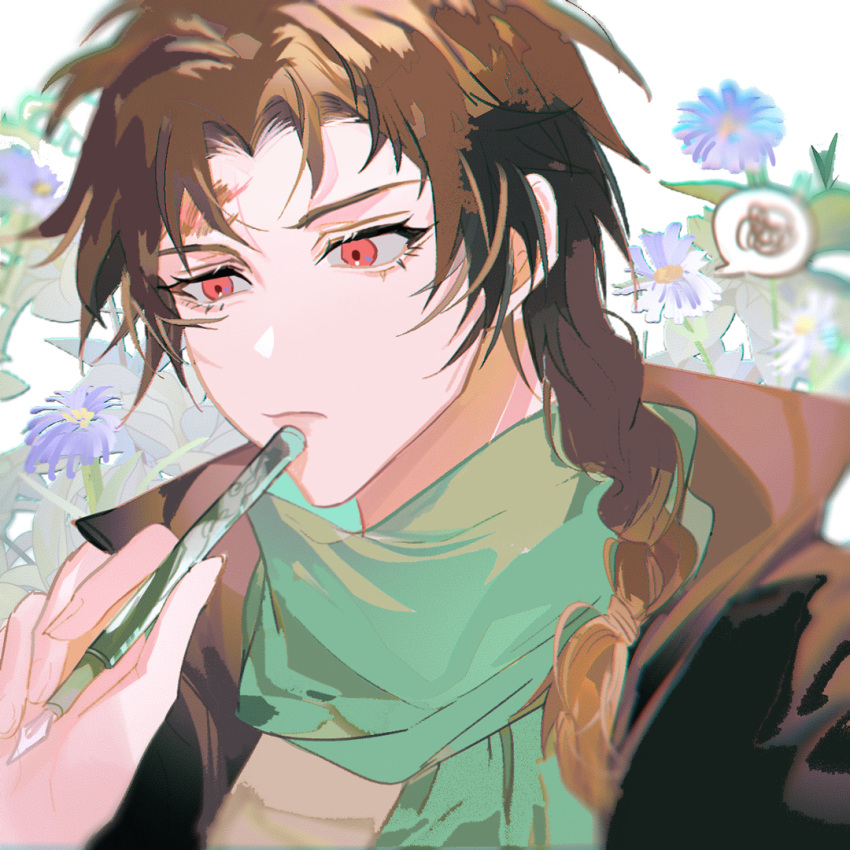 1boy, black_jacket, blurry, brown_hair, chinese_commentary, closed_mouth, commentary_request, daisy