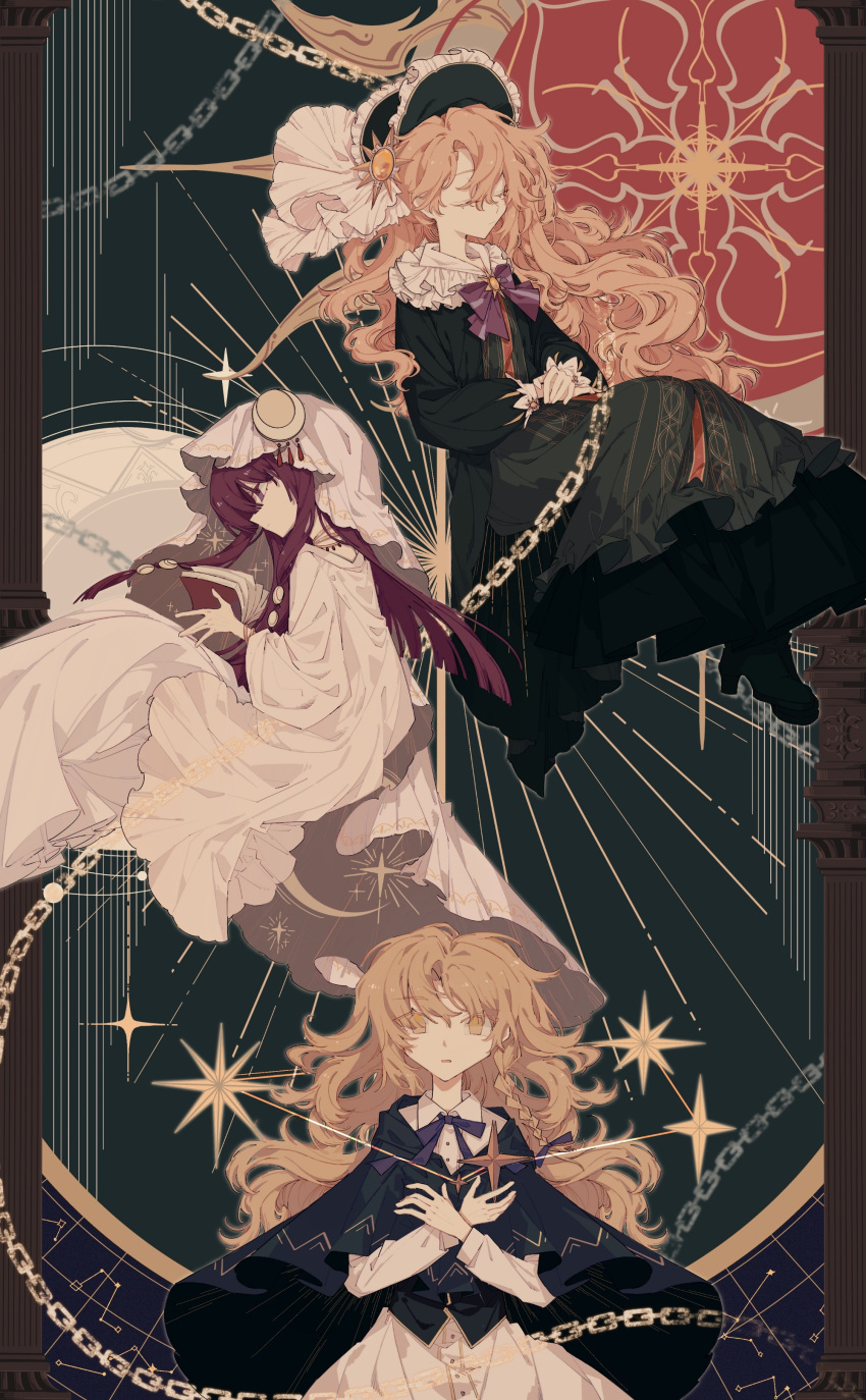 3girls, absurdres, big_dipper, black_cape, black_dress, black_footwear, black_headwear, blonde_hair