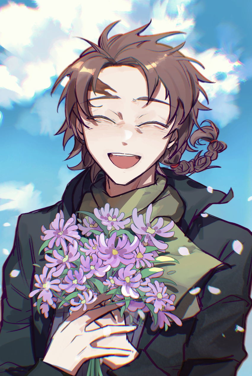1boy, absurdres, black_jacket, bouquet, braid, brown_hair, chinese_commentary, closed_eyes