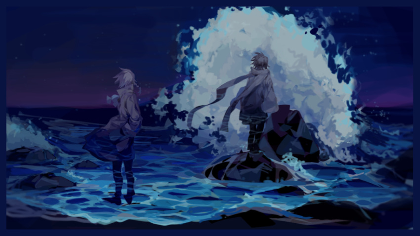 2boys, azuco, blue_theme, braid, coat, hands_in_pockets, harada_minoru, long_sleeves