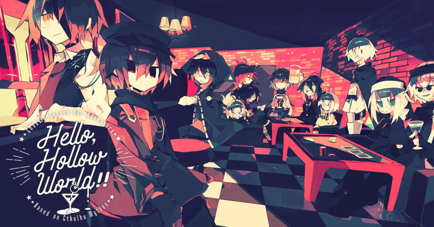 ahoge, checkered_floor, copyright_name, cthugha_(hello_hollow_world!!), cyaegha_(hello_hollow_world!!), floor, fuyuha_(hello_hollow_world!!), hastur_(hello_hollow_world!!), hello_hollow_world!!, hood, hoodie, long_hair, looking_at_viewer, master_(hello_hollow_world!!), meto_(metrin), multiple_boys, multiple_girls, official_art, rlim_shaikorth_(hello_hollow_world!!), short_hair, shub-niggurath_(hello_hollow_world!!), sitting, tsathoggua_(hello_hollow_world!!), vulthoom_(hello_hollow_world!!), y'golonac_(hello_hollow_world!!), yatsume_(hello_hollow_world!!), yog-sothoth_(hello_hollow_world!!)