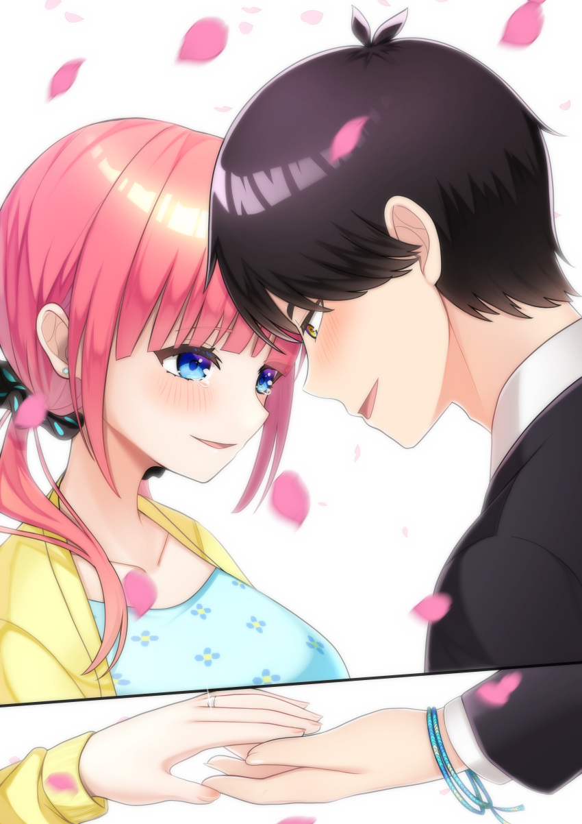 1_boy, 1girl, absurdres, bangs, black_hair, black_necktie, black_scrunchie, black_suit