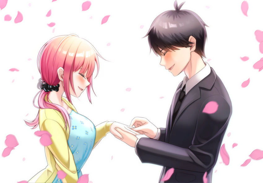 1_boy, 1girl, :d, absurdres, bangs, black_hair, black_necktie, black_scrunchie