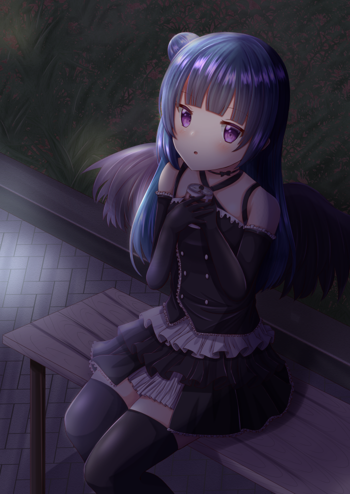 1girl, bangs, bare_shoulders, bench, black_dress, black_legwear, black_sleeves, black_wings, blue_hair, blush, can, commentary_request, detached_sleeves, dress, expressionless, fake_wings, feet_out_of_frame, hair_bun, holding, holding_can, long_hair, love_live!, love_live!_sunshine!!, n_rinkoro, night, outdoors, parted_lips, single_hair_bun, sitting_on_bench, solo, thigh-highs, tsushima_yoshiko, violet_eyes, wings