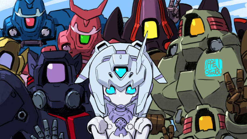 blue_eyes, gundam, gundam_build_divers, gundam_wing, gyoubu_ippei, leaning_to_the_side, leo_(mobile_suit), looking_at_viewer