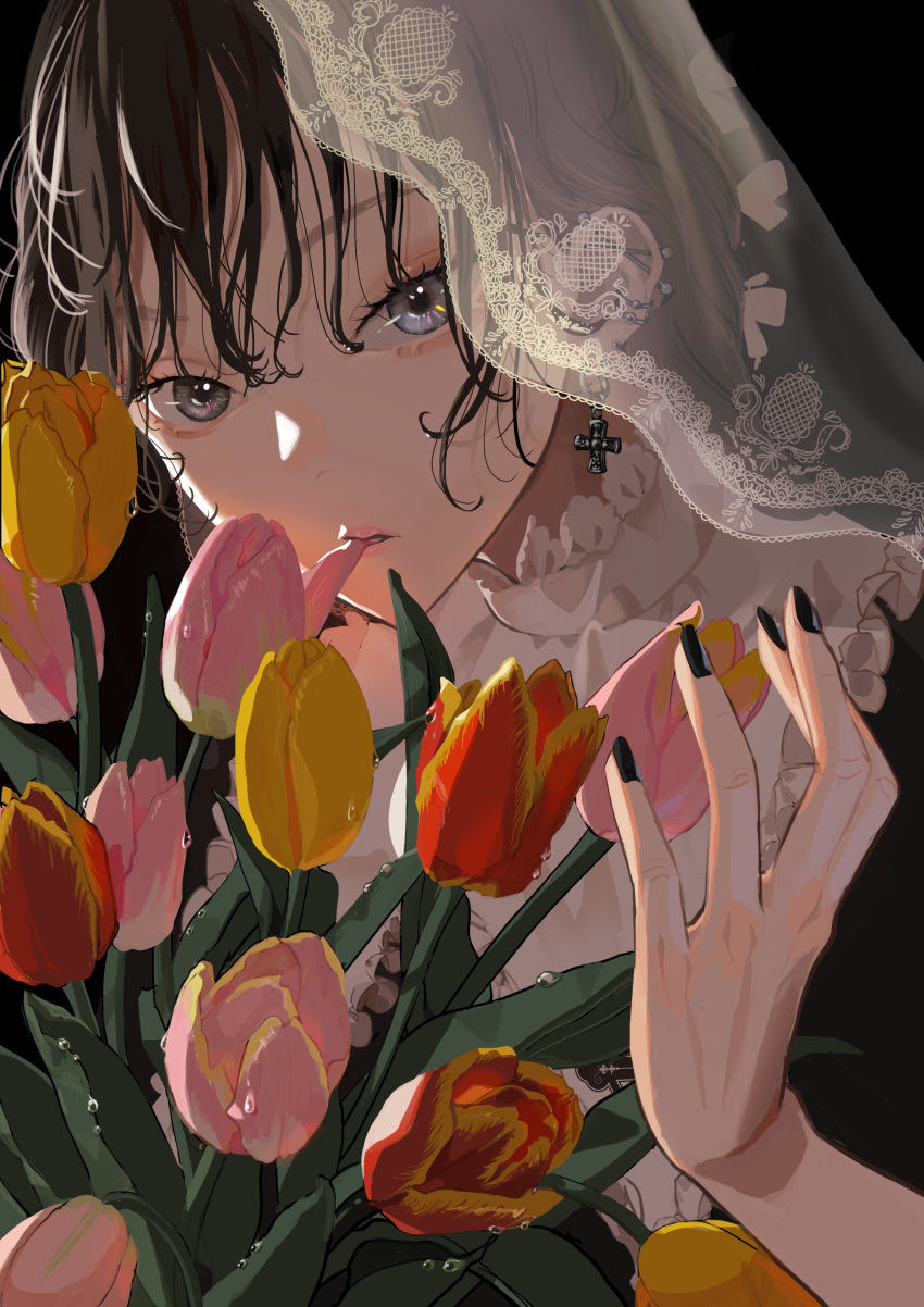 absurdres, bangs, barbell_piercing, biting, black_background, black_hair, black_nails, blue_eyes