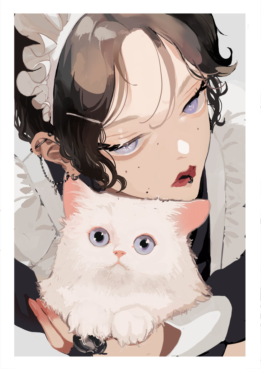 1girl, absurdres, animal, animal_hug, apron, bangs, barbell_piercing, black_hair