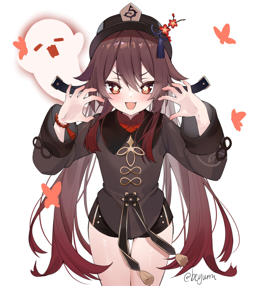 1girl, absurdres, blush, brown_hair, bug, butterfly, chinese_clothes, claw_pose