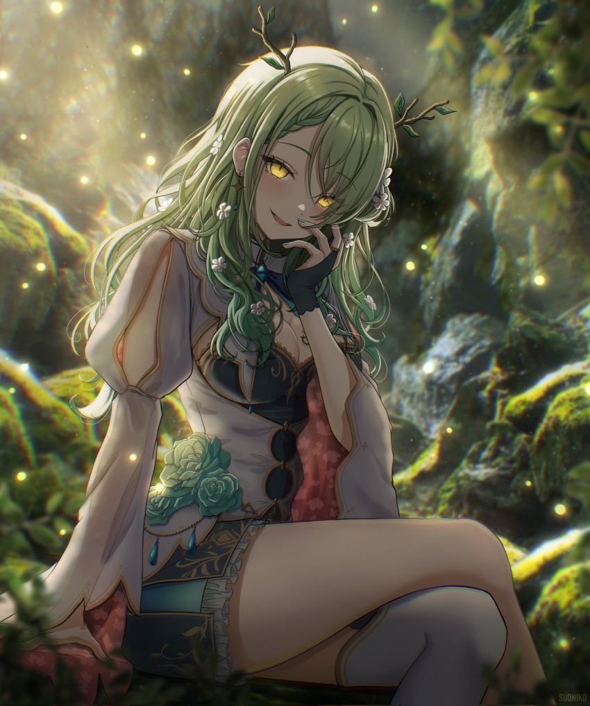 1girl, absurdres, bangs, blush, braid, branch, breasts, ceres_fauna