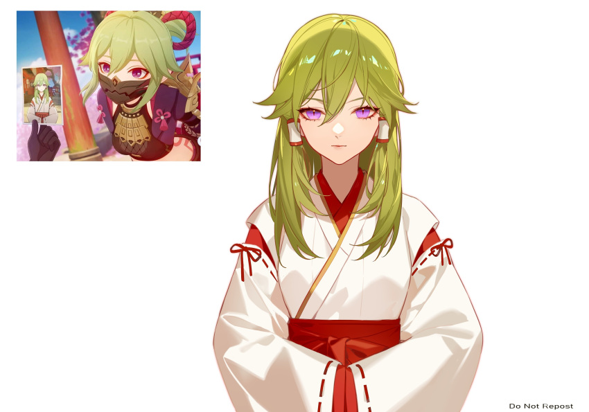 1girl, bangs, breasts, character_request, clothing_request, commentary, crossed_bangs, detached_sleeves, expressionless, genshin_impact, gold_trim, green_hair, hair_between_eyes, hair_flaps, hair_over_shoulder, hair_tubes, hands_in_opposite_sleeves, highres, japanese_clothes, jesse_(pixiv34586727), kimono, kuki_shinobu, long_hair, looking_at_viewer, medium_breasts, obi, red_ribbon, reference_inset, ribbon, sash, screencap-referenced, screencap_inset, simple_background, sleeve_bow, sleeves_past_fingers, sleeves_past_wrists, slit_pupils, solo, standing, swept_bangs, upper_body, violet_eyes, white_background, wide_sleeves