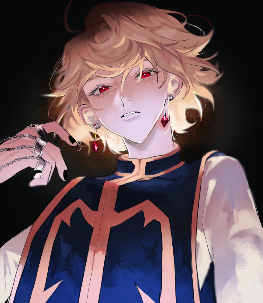 1boy, absurdres, arm_at_side, bangs, black_background, black_nails, blonde_hair, chain