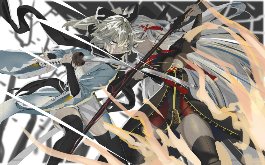2girls, absurdres, angry, arm_up, battle, black_bow, black_hair, black_legwear
