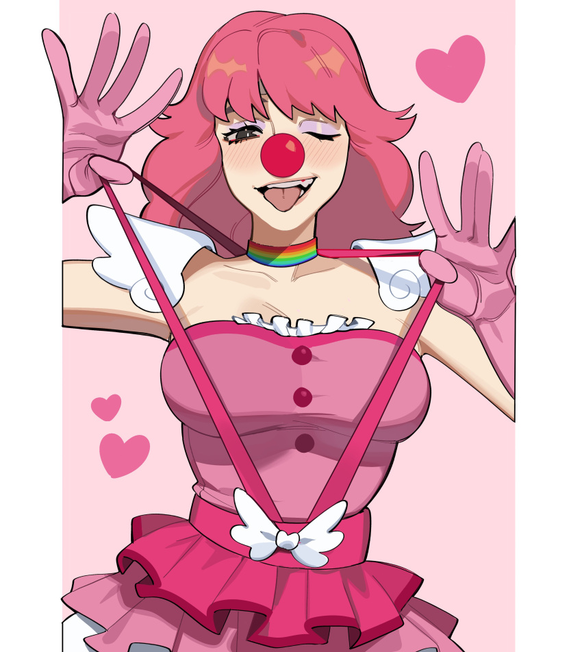 1girl, absurdres, ace_attorney, breasts, clown, clown_nose, dress, eyeshadow, frills, geiru_toneido, gloves, highres, makeup, medium_breasts, medium_hair, one_eye_closed, phoenix_wright:_ace_attorney_-_spirit_of_justice, pink_dress, pink_eyeshadow, pink_gloves, pink_hair, porqueloin, rainbow, sleeveless, sleeveless_dress, suspenders, suspenders_pull, tongue, tongue_out, upper_body