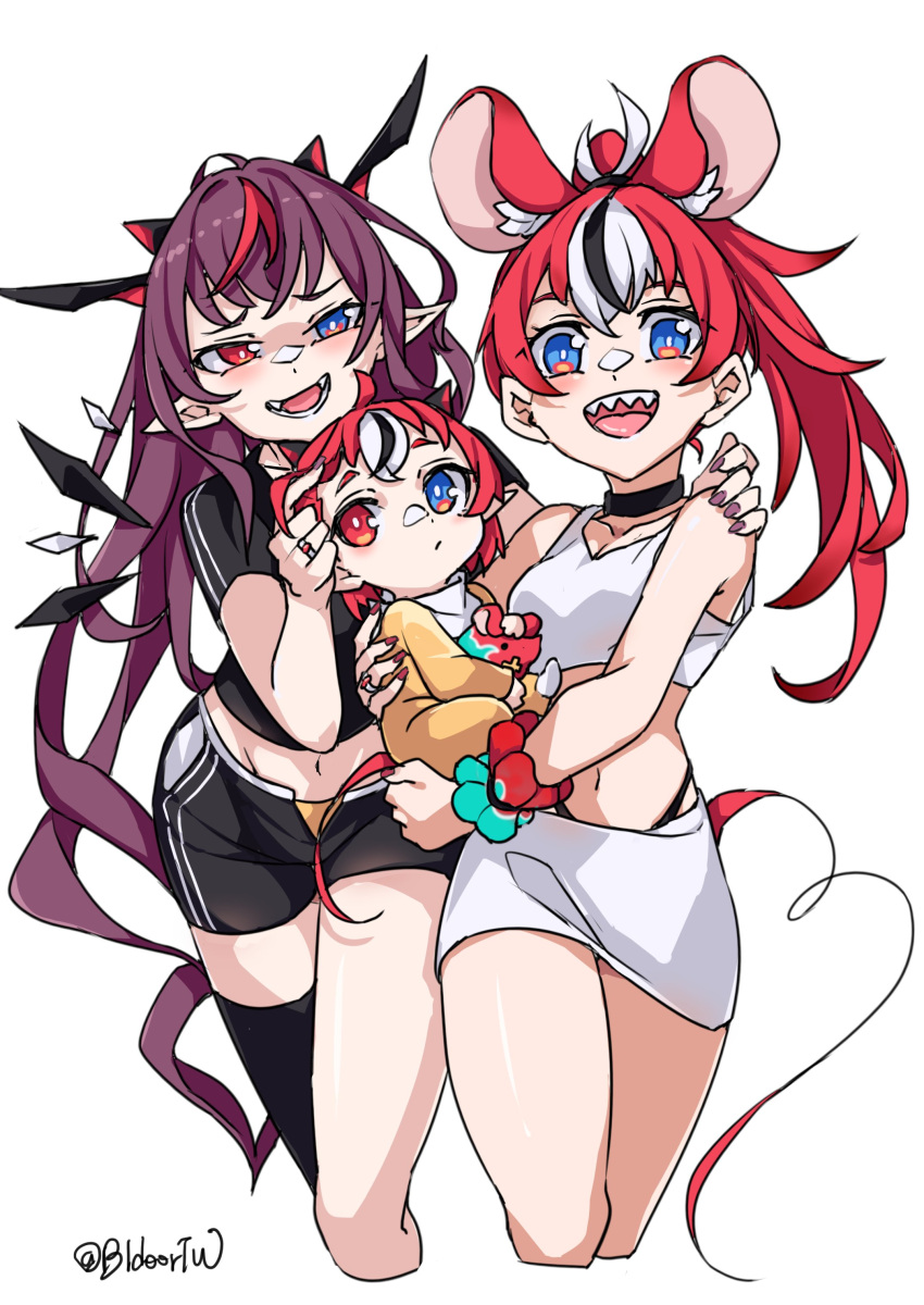 3girls, absurdres, animal_ears, baby, bare_legs, bare_shoulders, bidortw, blouse