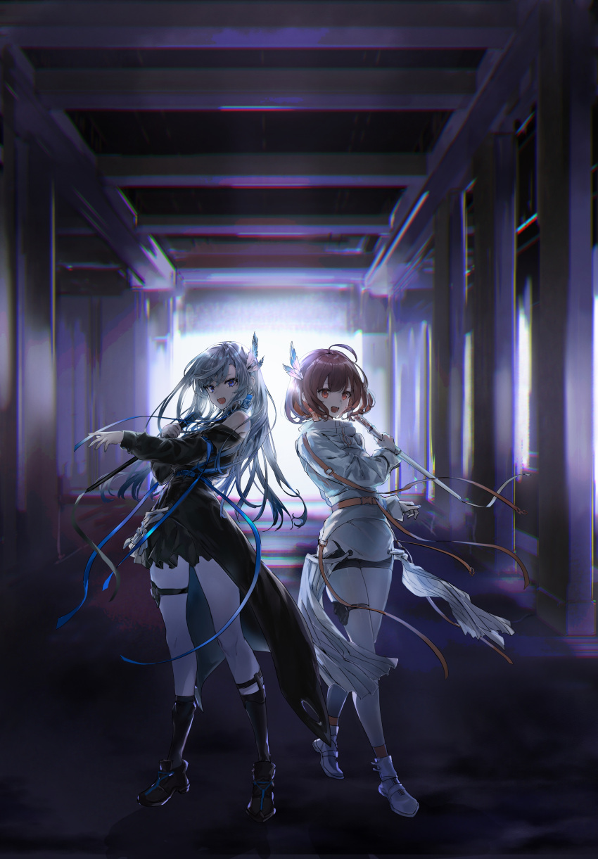 2girls, absurdres, ahoge, belt, black_dress, black_legwear, black_shorts, blue_eyes