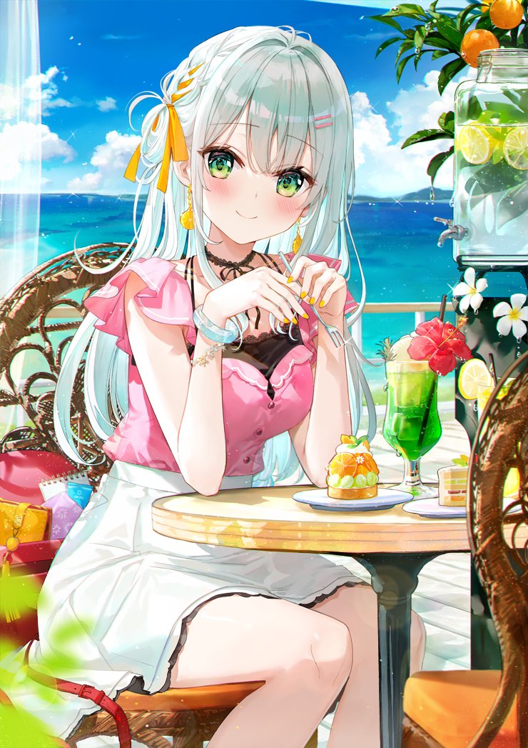 1girl, bangs, blue_sky, blush, bracelet, cake, chair, choker