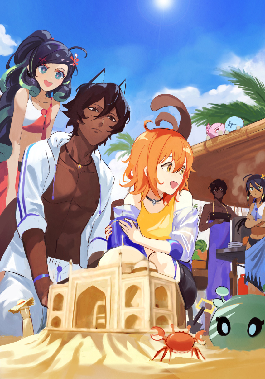 2boys, 3girls, :d, :|, absurdres, ahoge, alternate_costume, animal_ears