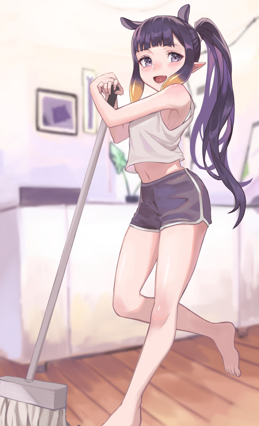 1girl, absurdres, armpits, barefoot, blonde_hair, blurry, blush, broom