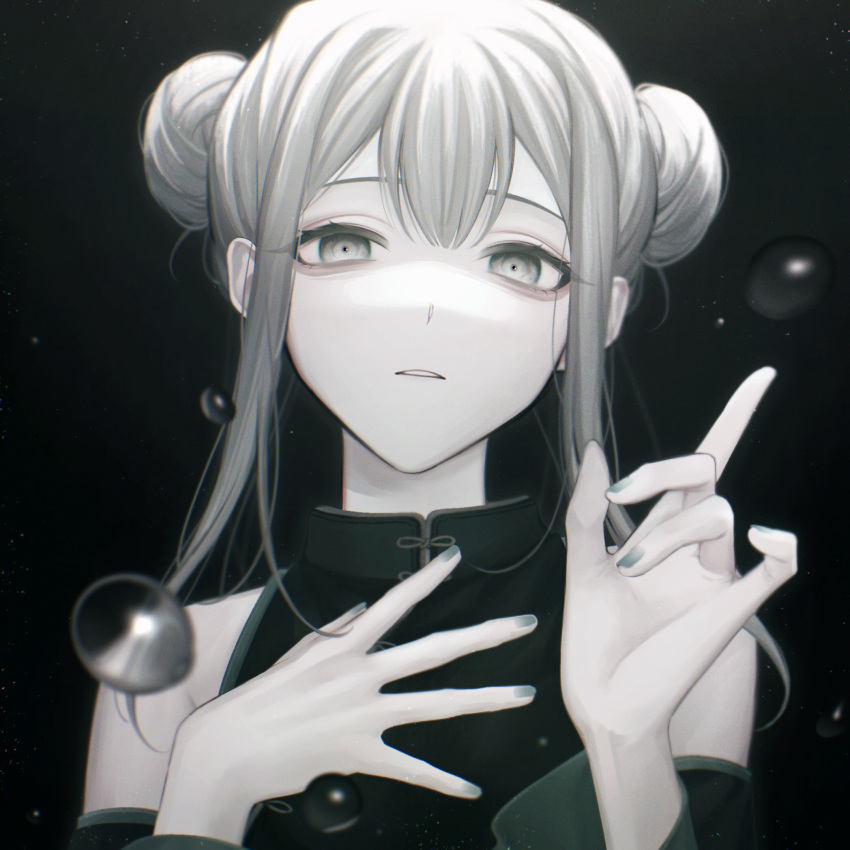 1girl, black_background, bubble, china_dress, chinese_clothes, double_bun, dress, grey_eyes