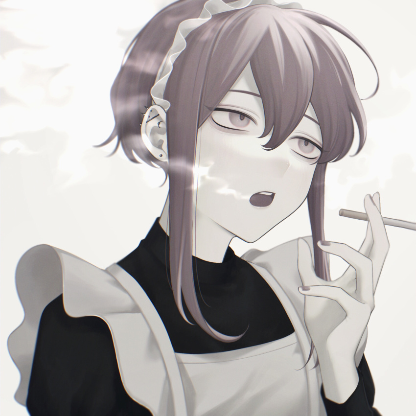 1girl, ahoge, apron, barbell_piercing, cigarette, ear_piercing, highres, maid, maid_apron, maid_headdress, nail_polish, okai_yuda, open_mouth, original, piercing, smoke, smoking, white_background