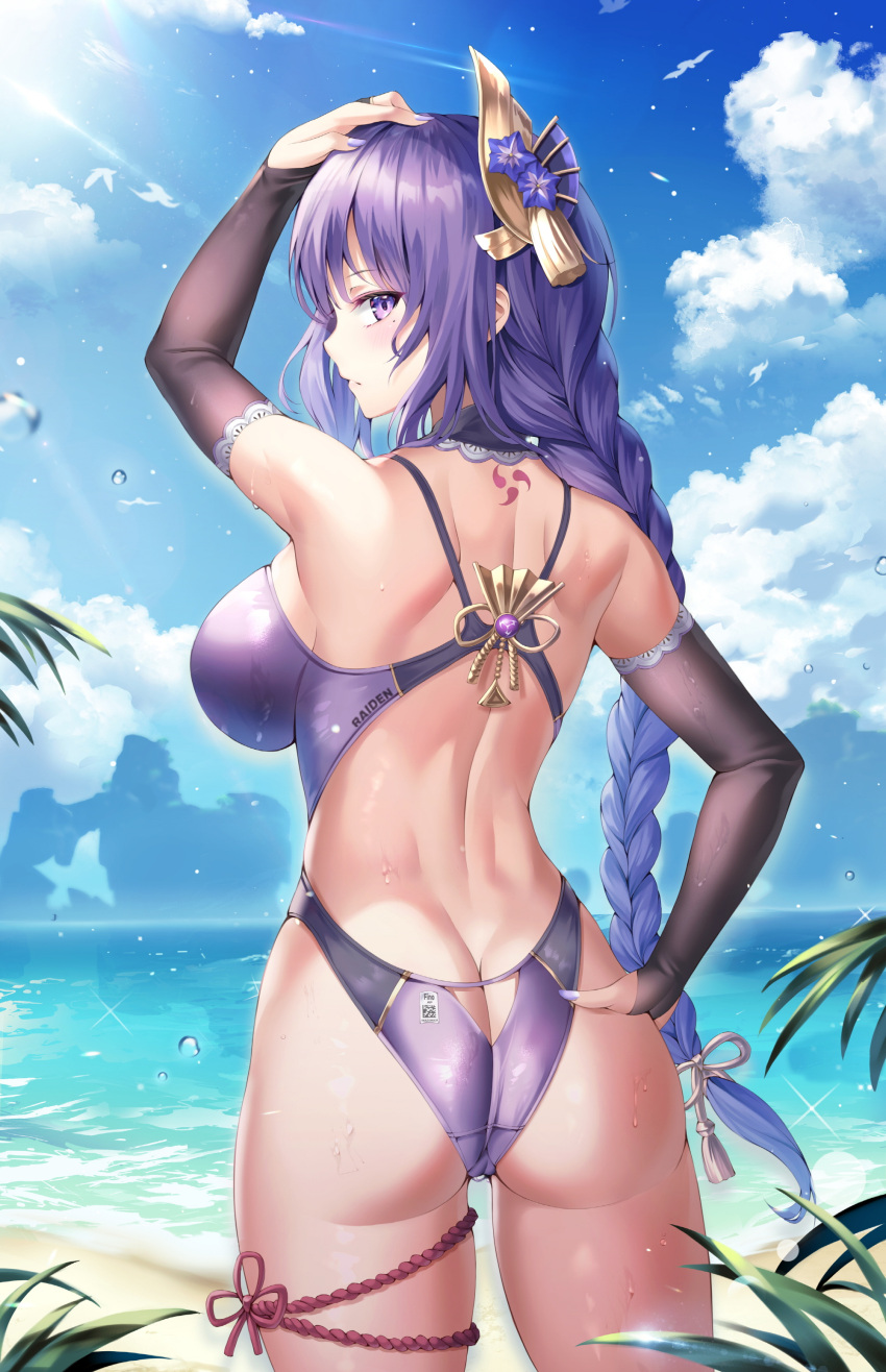 1girl, ass, ass_cutout, back, from_behind, genshin_impact, hair_over_ears, looking_at_viewer, looking_back, one-piece_swimsuit, purple_eyes, purple_hair, purple_swimsuit, raiden_shogun, swimsuit, thighs