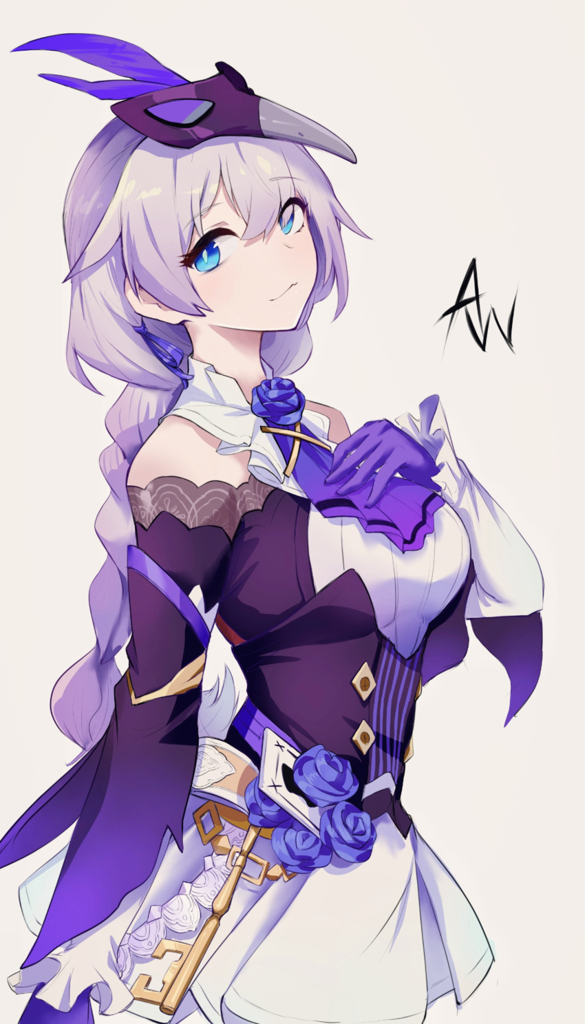 1girl, a_wan, absurdres, bare_shoulders, blue_eyes, braid, braided_ponytail, closed_mouth, flower, gloves, highres, honkai_(series), honkai_impact_3rd, jacket, kallen_kaslana, kallen_kaslana_(sixth_serenade), key, long_hair, long_sleeves, looking_at_viewer, mask, purple_flower, purple_gloves, purple_jacket, purple_rose, rose, signature, simple_background, smile, solo, white_background, white_hair