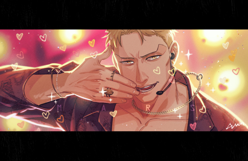 1boy, ah_luan, alternate_universe, artist_name, black_border, black_shirt, blonde_hair, border