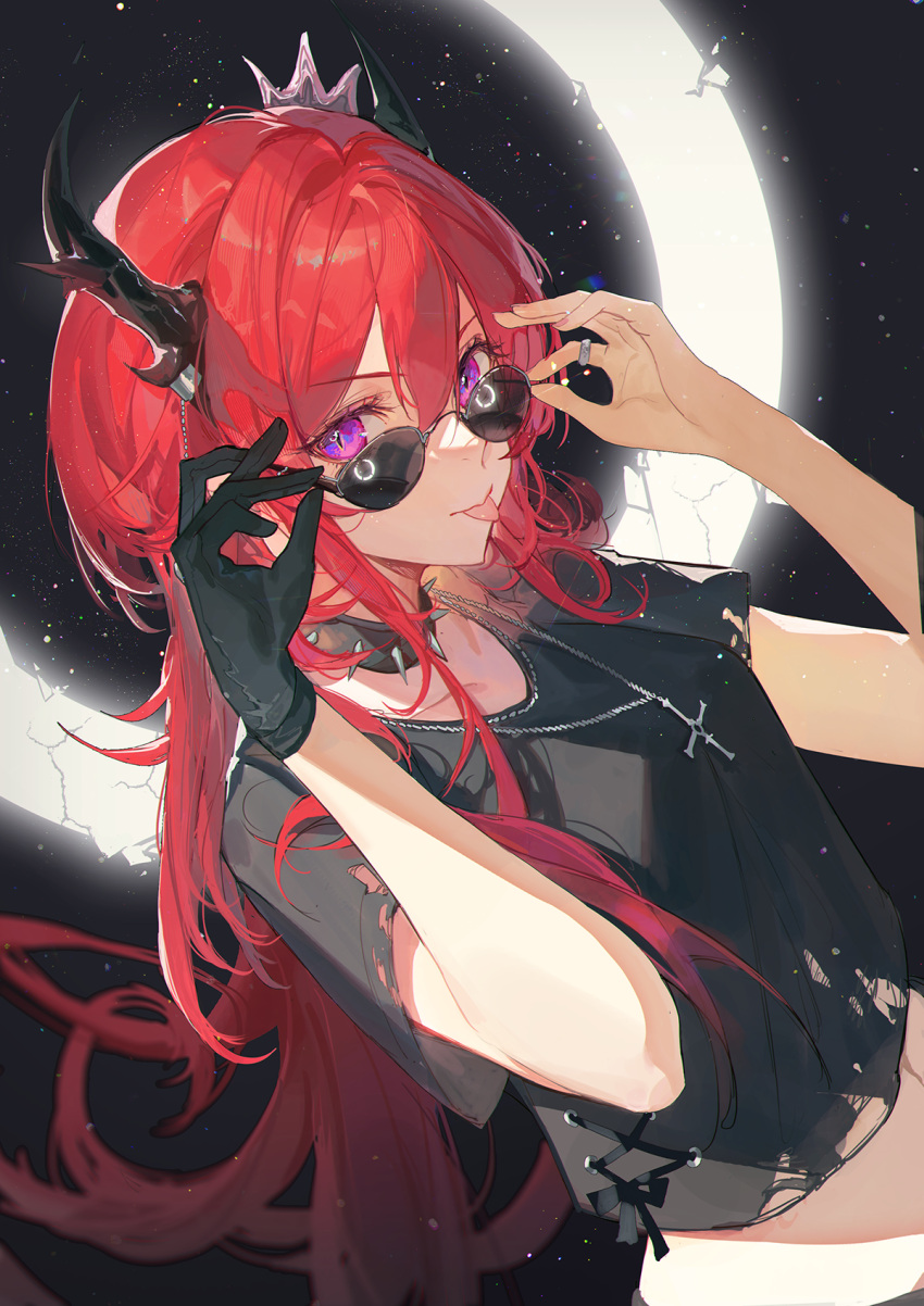 1girl, :p, adjusting_eyewear, arknights, black_collar, black_gloves, black_shirt, breasts