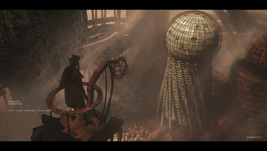 1other, absurdres, ambiguous_gender, architecture, artist_name, concept_art, from_behind, highres, jacket, light_rays, multiple_others, original, scenery, shimamoto, steampunk