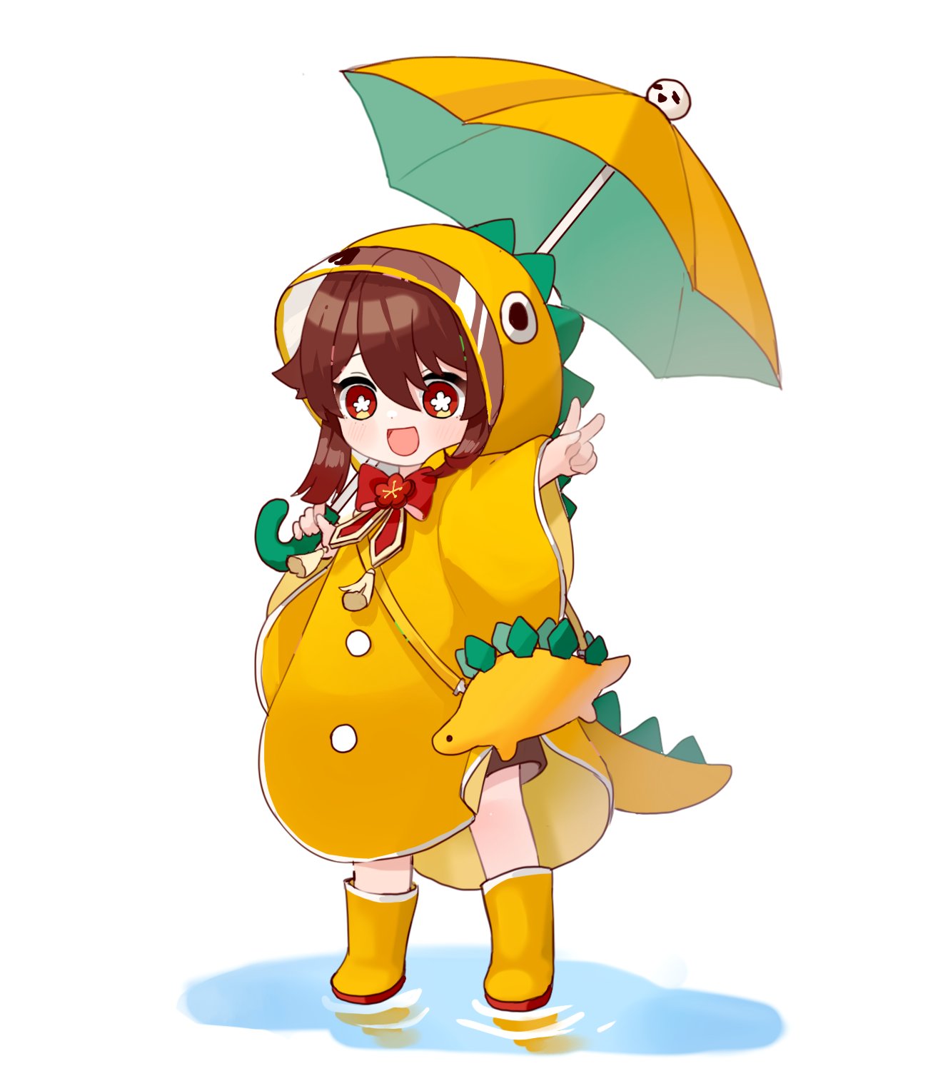 1girl, :d, brown_hair, coat, flower-shaped_pupils, full_body, genshin_impact, hair_between_eyes