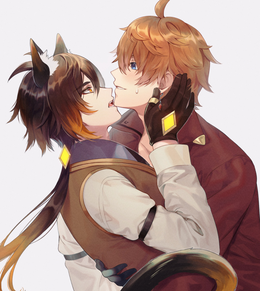 2boys, animal_ear_fluff, animal_ears, antenna_hair, bangs, black_gloves, blue_eyes, blush
