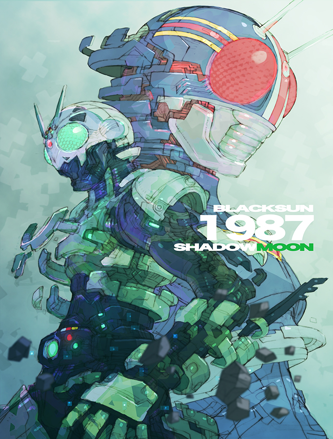 1987, 2boys, anniversary, armor, assembling, black_armor, bug, character_name