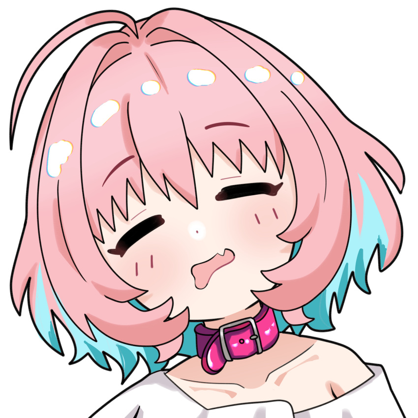 1girl, absurdres, ahoge, bangs, blue_hair, closed_eyes, collar, collarbone, commentary, dot_nose, drooling, fang, hair_intakes, highres, idolmaster, idolmaster_cinderella_girls, mitche, multicolored_hair, open_mouth, pink_hair, shiny, shiny_hair, shirt, short_hair, simple_background, single_bare_shoulder, skin_fang, solo, two-tone_hair, upper_body, white_background, white_shirt, yumemi_riamu