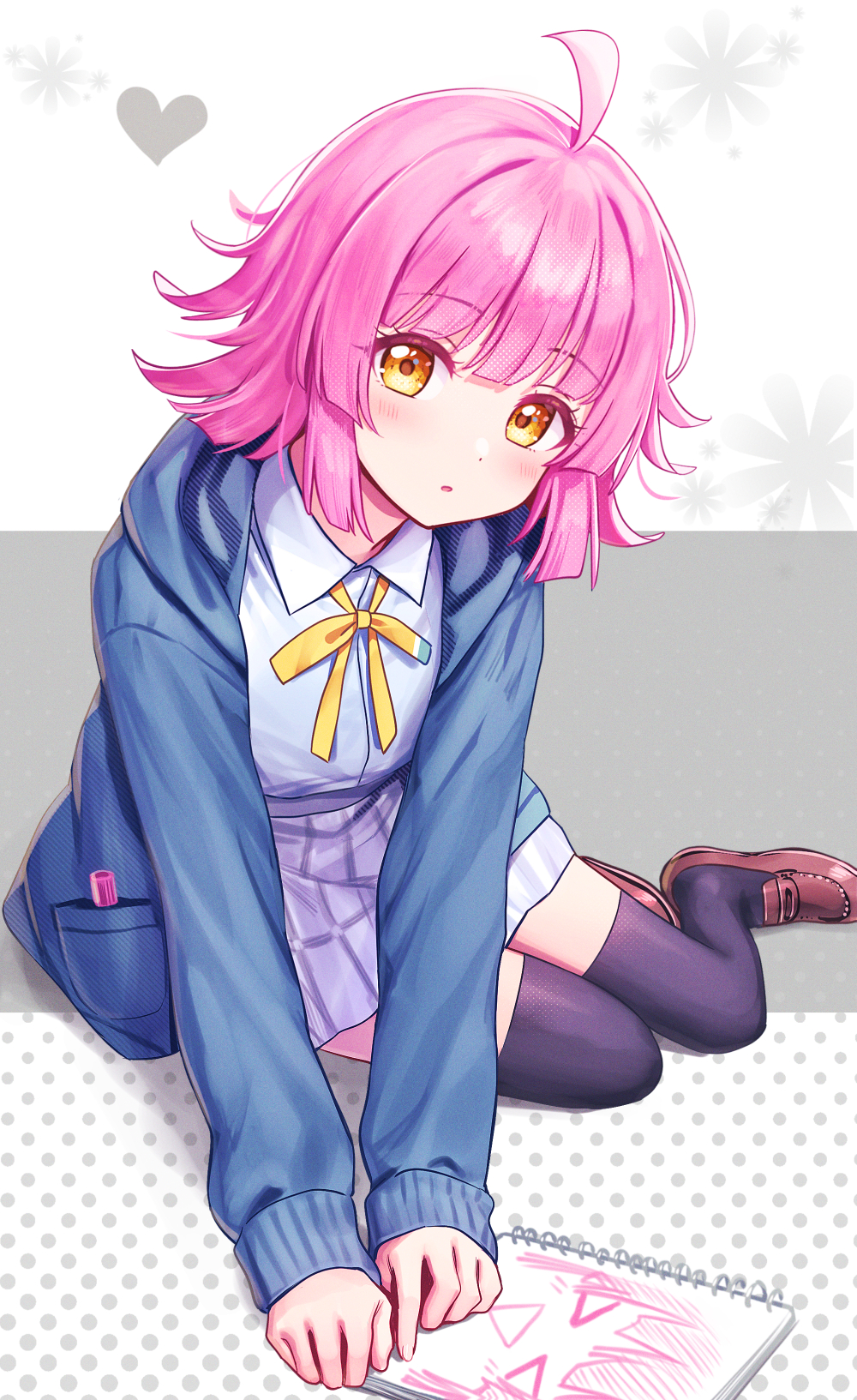 >_<, 1girl, ahoge, bangs, black_legwear, blue_jacket, blunt_bangs, blunt_ends, blush, bow, bowtie, brown_footwear, checkered_clothes, checkered_skirt, commentary, deadnooodles, dot_nose, drawing, duplicate, eyelashes, eyes_visible_through_hair, flat_chest, grey_skirt, heart, highres, hood, hooded_jacket, jacket, legs, long_sleeves, looking_at_viewer, love_live!, love_live!_nijigasaki_high_school_idol_club, marker, on_floor, parted_lips, pink_hair, polka_dot, polka_dot_background, rina-chan_board, shirt, shoes, short_hair, sketchbook, skirt, solo, tennouji_rina, thigh-highs, thighs, white_background, white_shirt, wing_collar, yellow_bow, yellow_bowtie, yellow_eyes