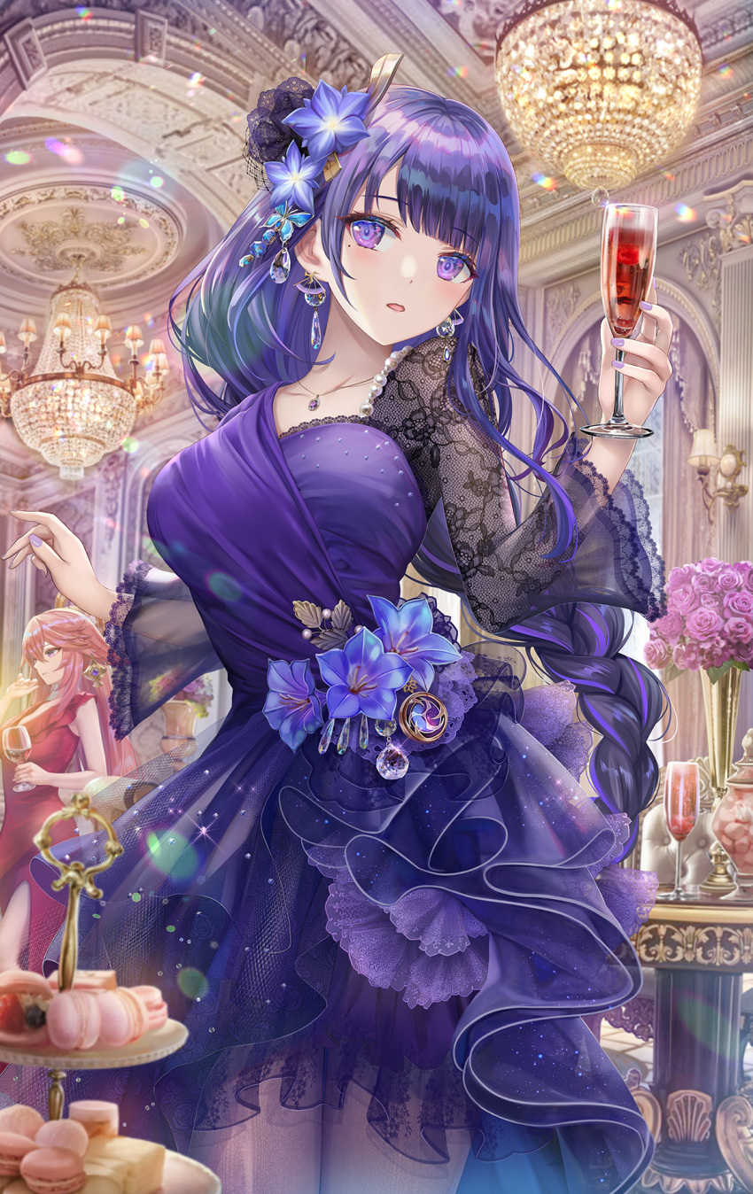2girls, alternate_costume, bangs, blunt_bangs, blush, braid, braided_ponytail, breasts, cake_stand, chandelier, cocktail_dress, cocktail_glass, cup, dress, drinking_glass, earrings, flower, food, genshin_impact, hair_flower, hair_ornament, highres, holding, holding_cup, jewelry, lens_flare, long_hair, looking_at_viewer, macaron, mole, mole_under_eye, multiple_girls, necklace, pantyhose, parted_lips, pink_hair, purple_dress, purple_flower, purple_hair, raiden_shogun, red_dress, revision, rose, shiny, shiny_hair, solo_focus, torino_aqua, vase, violet_eyes, vision_(genshin_impact), wine_glass, yae_miko